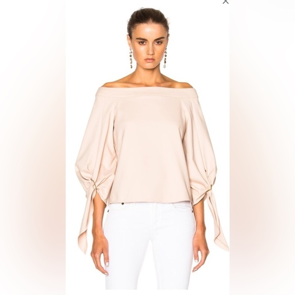 Tibi Agathe Off Shoulder Top Structured Cotton Buckle Tie Sleeve Beige Size 6 - Picture 1 of 7